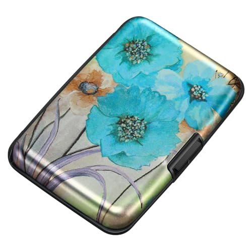 Mini RFID Aluminum Wallet Credit Cards Holder Business Card Case Metal ID Case for Men Women(Blue Flower) - color: Blue Flower