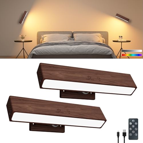 Rechargeable Wood Wall Sconce (2 Pack) with Remote & Touch, 5200mAh Battery Operated Wall Lights with 3 Color Temperatures & RGB. Magnetic, Stick-On, Dimmable Wall Reading Lamp for Bedroom, Picture - color: Walnut Wood, size: 2 Pack