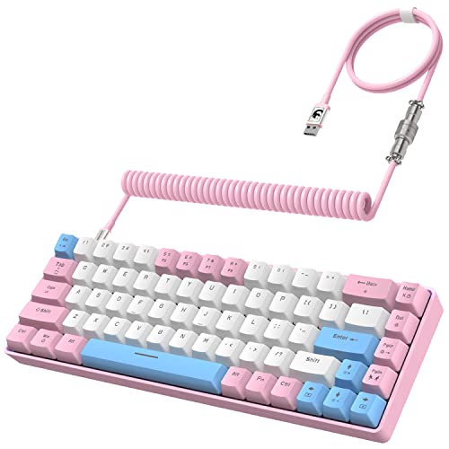 ZIYOU LANG RK-T8 Wired 65% Mechanical RGB Gaming Keyboard-Pink/White/Blue | Rainbow Backlit,Anti-ghosting,TKL,Mini 68 Key,Custom Coiled C to A Cable,Tactile Blue Switch for PS4 PS5 Xbox PC Mac Gamer - color: Pink White Blue, size: 65% Keyboard