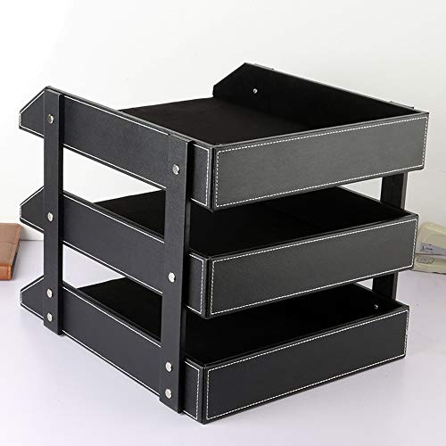 Leather Desk File Organizer, 3-Layer Stackable Tray, Used to Store documents, folders, Stationery, Magazines, Newspapers, Letters, and Other Home Office Sundries Desktop Organization Holder(Black)… - color: Black