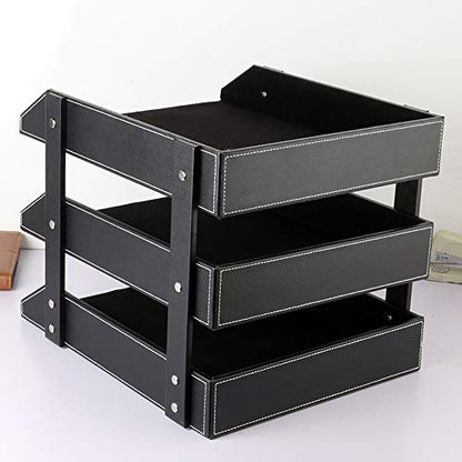 Leather Desk File Organizer, 3-Layer Stackable Tray, Used to Store documents, folders, Stationery, Magazines, Newspapers, Letters, and Other Home Office Sundries Desktop Organization Holder(Black)… - color: Black
