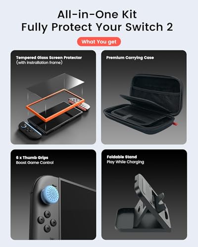 TRANSNOVO Carrying Case for Nintendo Switch 2 2025 - Travel Case with 24 Game Card Slots for Switch 2, All in One Cases Accessories Bundle with Screen Protector, 6 Thumb Grip, Stand, Pouch for Console - size: Case Kit (with ScreenProtector, Stand, KeyCaps