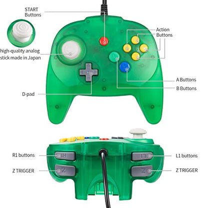 KIWITATA Retro Mini N64 Controller, N64 Wired Remote Bit Game Pad Upgraded Joystick Controller for Classic N64 Console Clear Green - color: green