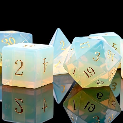 Haxtec Opal Dice Gemstone Polyhedral DND Dice Set with Premium Dice Case Compatible with Dungeons and Dragons Role Playing Board Games D&D Gift - color: White Gold-opal