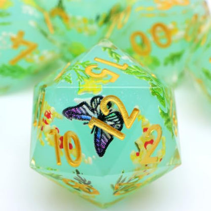 XENOLUX Polyhedral Resin DND Dice Set for RPG and Board Games, Clear with Internal Butterfly and Yellow Flowers, 7 Pieces in Tin Box (L17) - color: L17