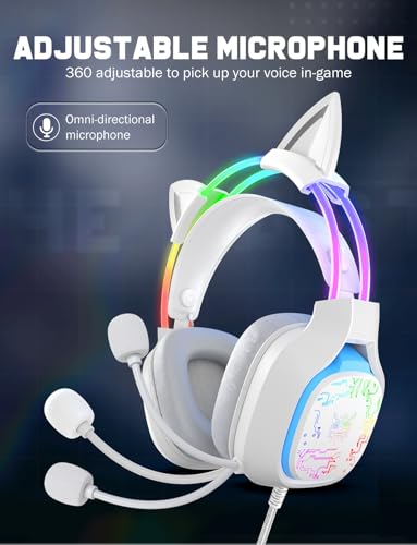 Gaming Headset with Microphone, RGB Lights, Detachable Cat Ear, Lightweight Over-Ear Headphones with Adjustable Headband for PC, PS4, PS5, Mac, Switch, Surround Sound, in-Line Control, White - color: White