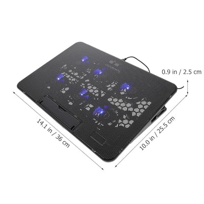 Kisangel Laptop Cooling Pad, 6 Fan Silent Cooler Stand for 15.6 in Notebook | Features blue LED lights, USB powered cooler stand with ergonomic, adjustable height, gaming, office, 14.1 x 10 inches