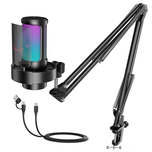 FIFINE AmpliGame A8T USB Gaming Microphone, PC Condenser Mic with Boom Arm | Quick Mute, Gain Knob, RGB Control, Headphone Jack, for PC/PS5 Streaming Discord Twitch Recording Podcasts YouTube, Metal - size: A8T-Boom Arm
