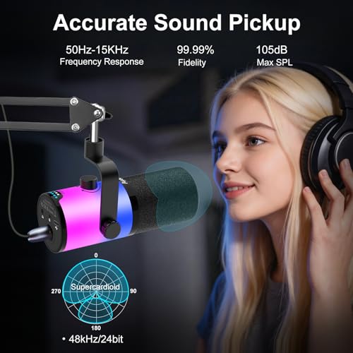 Aveek USB/XLR Dynamic Microphone with Boom Arm for Gaming & Streaming | RGB Lighting, Noise Cancellation, One-Touch Mute, Monitor Mix & Headphone Jack for PC & PS5