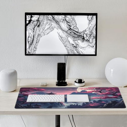 Japanese Landscape Gaming Mouse Pad, 35.4 x 15.7 inches, Extended Desk Mat with Non-Slip Base, Cherry Blossom Design - color: Pink Mountain Night View