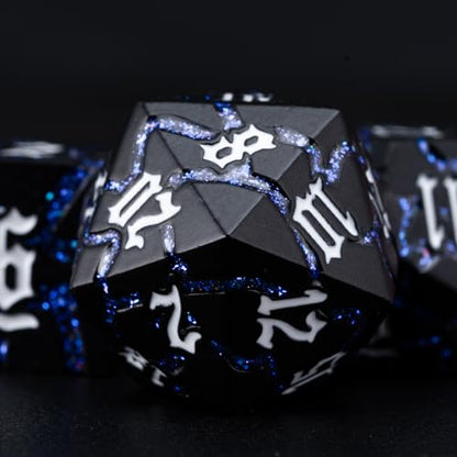 Cracked Rune Metal Dice Set for DND & RPG – Dark Fantasy Fractured Design, Premium Heavy Metal Polyhedral Dice with Deep Engraved Numbers, 7-Piece Set – Blue Arcane Vein - color: Matte Black Blue