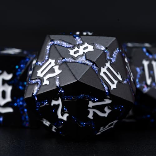Cracked Rune Metal Dice Set for DND & RPG – Dark Fantasy Fractured Design, Premium Heavy Metal Polyhedral Dice with Deep Engraved Numbers, 7-Piece Set – Blue Arcane Vein - color: Matte Black Blue