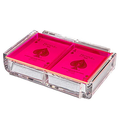 Modern Elegant Playing Card Deck Holder Tray with 2 Decks of Playing Cards in Unique Stylish Deluxe Acrylic Box with Color lid (Neon Pink) - color: Neon Pink