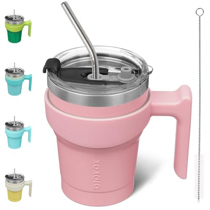 BJPKPK 10 oz Mini Tumbler with Lid, Straw & Handle, Insulated Steel Cup | Small, Spill Proof, Leak Proof, Thermal, Double Wall Vacuum, Sweatproof, Dishwasher Safe, BPA Free, Light Pink - color: A-Light Pink, size: 10 Ounces