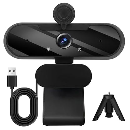 HD 1080P Webcam with Built-in Microphone and Rotatable Tripod, 1080P Video and Wide Angle Camera, Privacy Cover, for Desktop PC or Laptop Computer （Black） - color: black