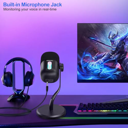 USB Microphone for PC, Cardioid Condenser Microphone with Active Noise Cancellation, Quick Mute, Built-in Headphone Jack, Gaming Mic with Table Stand, for Live Streaming, Instruments, Podcast