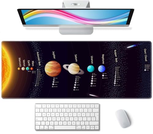 Black Large Gaming Mouse Pad with Stitched Edges, Desk Pad Extended Keyboard Mat, Non-Slip Rubber Base Mousepads for Laptop, Office, Home, 31.5X11.8 inch Solar System with Scientific Information - color: Solar System With Scientific Information