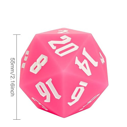 55mm Silicone D20 DND Dice, Large D20 Single 20 Sided Dice | Glow-in-the-Dark D20 Giant Dice with Gift Box for Dungeons and Dragons RPG Bar Pub Club Party Games (Pink/White) - color: Pink/White