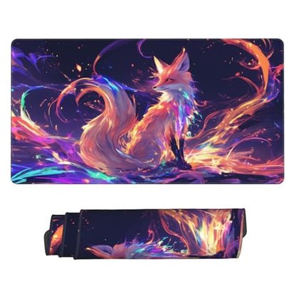 MTG Playmat Iridescent Fox TCG Play Mat Original Hand-Painted Design Stitched Edges Smooth Cloth Surface Non-Slip Rubber Base for Trading Card Games Board Games 23.5x13.8in