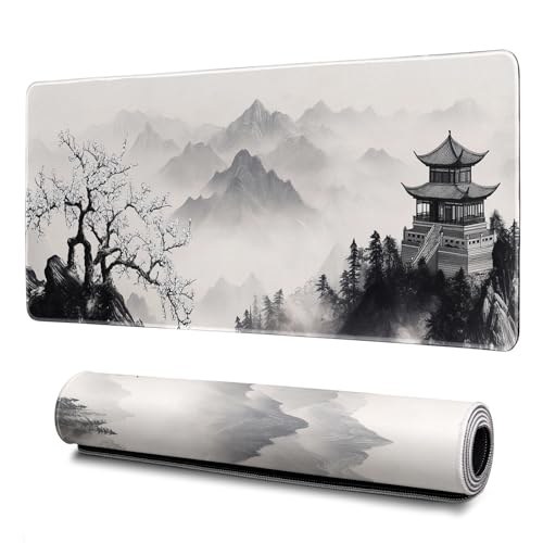 Pagoda Mouse Pad Abstract Cherry Blossom Watercolor Mouse Pad 31.5x11.8 Inch Texture Non-Slip Rubber Base Large Mousepad Stitched Edges Keyboard Mouse Mat Desk Pad for Office - color: Pagoda