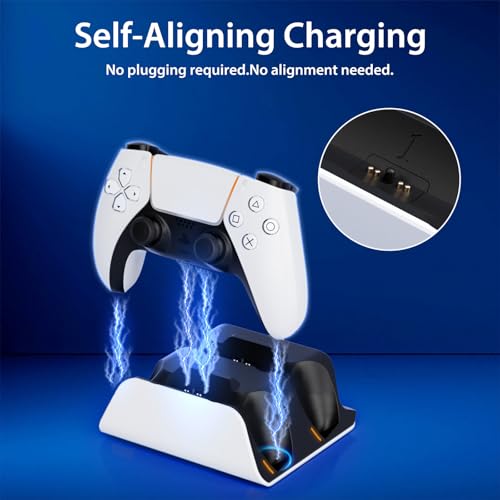 PS5 Controller Charger Station with LED Indicator,Self-Aligning Charging Dock,Dual Controller Fast Charging Dock,Desktop Display Stand for PlayStation 5 (White) - color: White