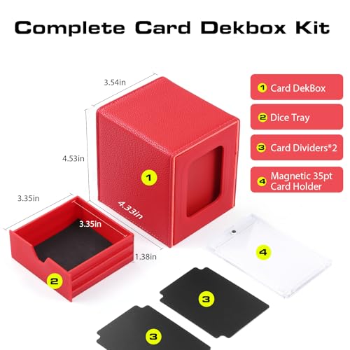Patented MTG Commander DekBox, 100+ Double Sleeved Card Storage Box with Dice Tray, 35pt Card Holder & 2 Dividers - Magnetic Deck Case for TCG/CCG/Magic/Sports Cards, Red - color: RED