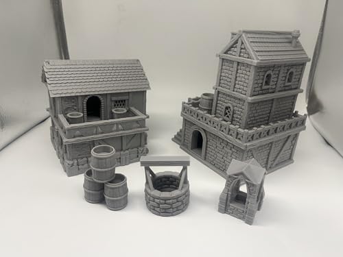 HAUTICO Middle Ages Medieval Town Buildings Terrain Set for Miniatures Tabletop Campaigns, Hobby Building, Diorama Kits, 3D Printed and Paintable, Gift for Tabletop Hobby Enthusiasts (18mm)