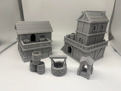 HAUTICO Middle Ages Medieval Town Buildings Terrain Set for Miniatures Tabletop Campaigns, Hobby Building, Diorama Kits, 3D Printed and Paintable, Gift for Tabletop Hobby Enthusiasts (18mm)