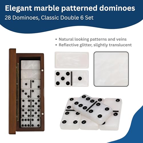 WE Games Double 6 Marbleized Dominoes in Magnetic Wooden Travel Box, Dominoes Set for Adults, White Color Double Six Domino with Marble Pattern, Classic Board Games, Tile Games