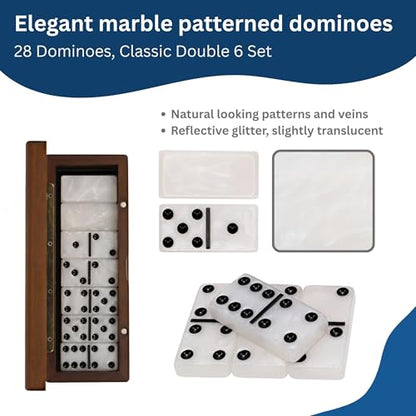 WE Games Double 6 Marbleized Dominoes in Magnetic Wooden Travel Box, Dominoes Set for Adults, White Color Double Six Domino with Marble Pattern, Classic Board Games, Tile Games