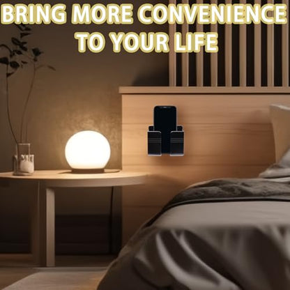 2 Pcs Wall Mount Phone Holder with Adhesive Pads Phone Stand with Data Cable Receiving Hole, Charger Remote Control Storage Box for Bedroom, Kitchen, Bathroom, Office (Black) - color: Black