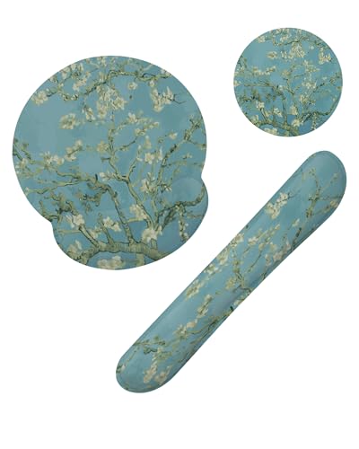 Blossoming Almond Tree Keyboard Wrist Rest Pad and Mouse Pad Wrist Support Set,White Flower 3-in-1 Ergonomic Mouse Pad with Non-Slip Rubber Base for Home Office Game Computers Desk, - color: Blossoming Almond Tree
