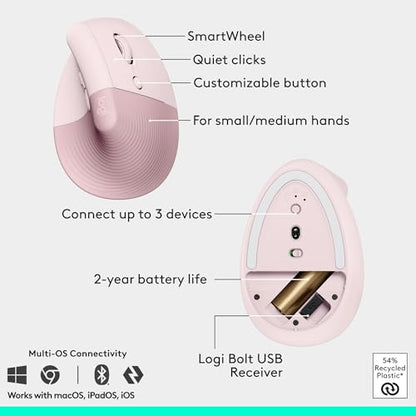 Logitech Wave Keys & Lift Vertical Mouse - Ergonomic Wireless Keyboard and Mouse Combo - with Cushioned Palm Rest, Easy-Switch, Bluetooth, for Multi-OS, Windows/Mac - Rose - color: Rose, style: Right-Handed