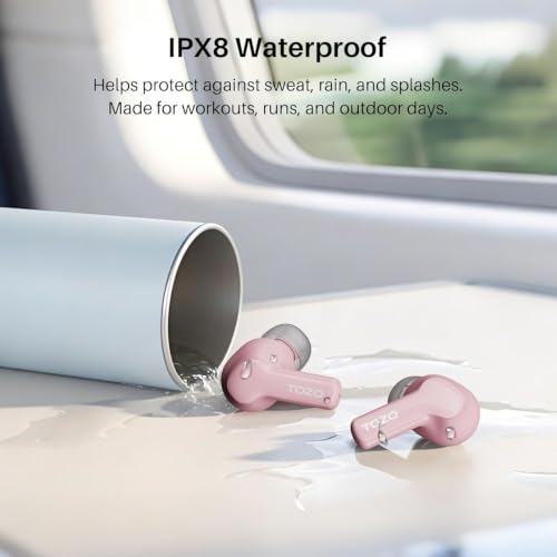 TOZO Hybrid Active Noise Cancelling Wireless Earbuds 6 Mics AI Clear Call | 68H Playtime LED Display 32 Preset EQs App Bluetooth 5.3 IPX8 Waterproof Ear Buds - color: Rose Gold