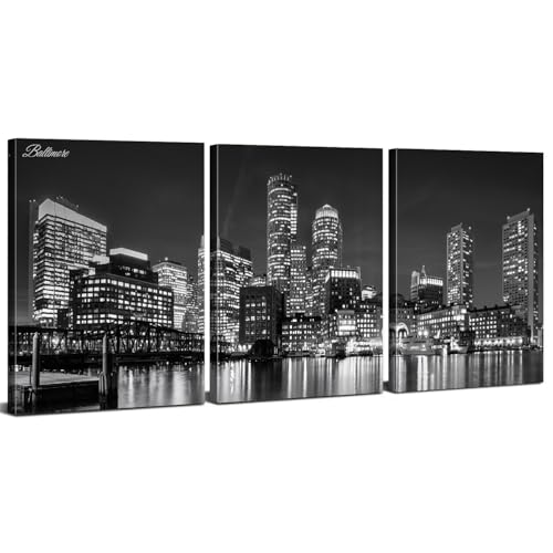Baltimore City Wall Art Black Night Maryland Skyline Wall Decor for Living Room Harbor City Canvas Prints Poster Modern Building Cityscape Picture Modern Artwork Kitchen Bedroom Decoration 16x24"x3P - color: Baltimore, size: 16x24 Inch