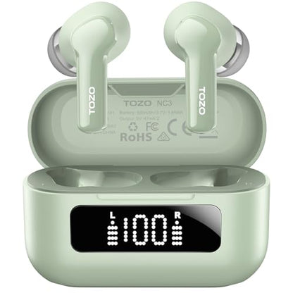 TOZO Hybrid Active Noise Cancelling Wireless Earbuds 6 Mics AI Clear Call | 68H Playtime LED Display 32 Preset EQs App Bluetooth 5.3 IPX8 Waterproof Ear Buds - color: Light Green