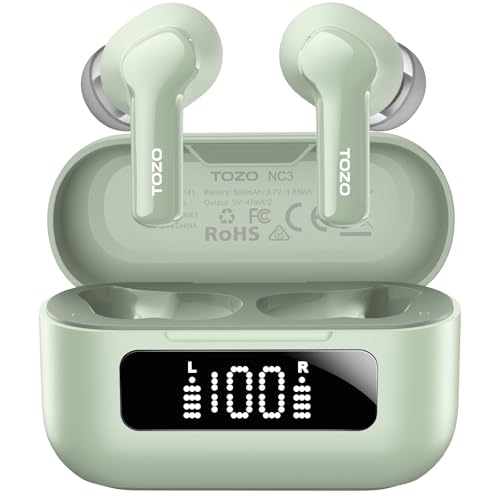 TOZO Hybrid Active Noise Cancelling Wireless Earbuds 6 Mics AI Clear Call | 68H Playtime LED Display 32 Preset EQs App Bluetooth 5.3 IPX8 Waterproof Ear Buds - color: Light Green