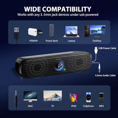 1Mii 3.5mm Computer Speakers for Desktop Laptop Tablet with Volume Control | USB Powered PC Speakers, Small External Speakers Wired, Stereo Sound with 3.5mm Audio Plug for Windows Mac Linux PC Monitor