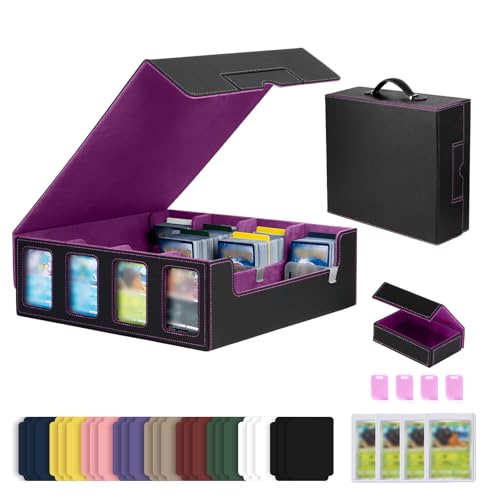Trading Card Storage Box with Commander Display, 5-Row Deck Case with Removable Lid & Handle, 3000+ Card Organizer with 24 Colorful Dividers & 4 Stoppers for MTG, Black & Purple - color: Black & Purple, size: 3000+, with Handle