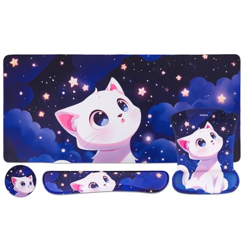 MEGREZ 4-in-1 Mouse Pad with Wrist Rest Ergonomic Memory Foam Desk Mat Set | ergonomic, anti-slip base, 4pcs set, desk pad, mouse wrist rest, keyboard rest, coaster, ideal for office & gaming - color: Blue Purple
