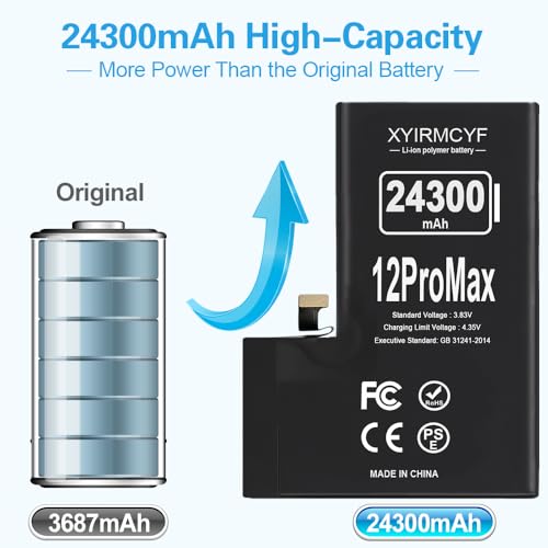 XYIRMCYF 24300mAh Super Capacity Battery Compatible with iPhone 12 Pro Max, 0 Cycle Li-Polymer Replacement Battery for iPhone 12 Pro Max, with Professional Repair Tool Kit - color: 12Promax-24300