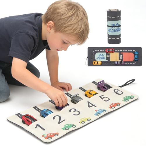Portable Toy Car Storage Roll and Playmat - Travel Car Carrier Organizer Case for 6 Small Cars - Compatible with Hot Wheels & Matchbox, Toddler Quiet Play Activity Mat for Airplane