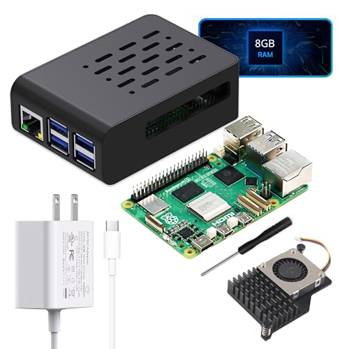 TRASKIT Basic kit for Raspberry Pi 5 RAM 8GB Included PI5 Case,5.1V 5A Power Supply,Active Cooler and Pi 5 8GB Single Board
