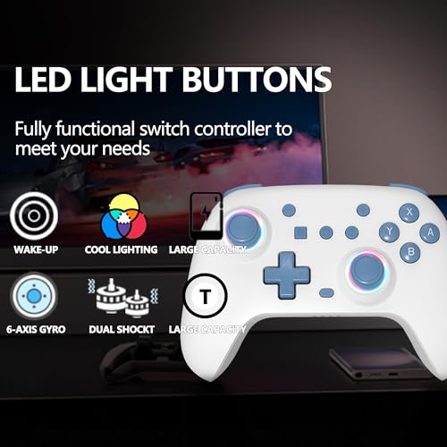 SZYUYU Switch Controller for Switch 2,Switch Pro Controller for Switch/OLED/Lite/PC with 7 Colors LED Light/3-level TURBO Adjustable,4-Speed Dual Vibration/Hall Effect Sticks/Wake Up/Gyro Axis Motion (White) - color: White