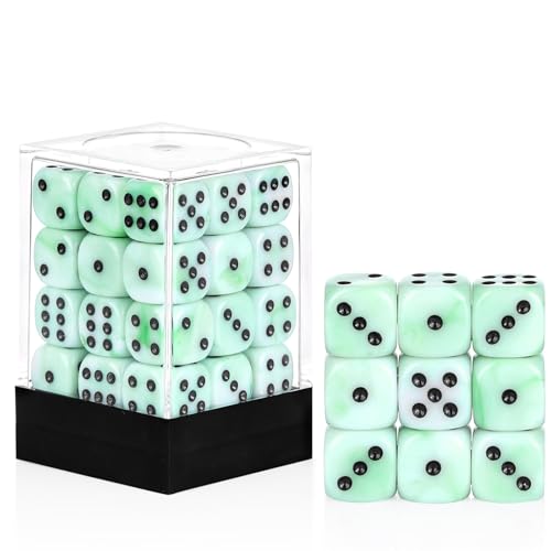 36 Pieces 12mm 6 Sided Mini Dice Set,Mixed Colours Swirls D6 Game Dice Set,6 Sided Standard Game Dice for Board Games Dice Games Classroom Teaching Dices Game,with Portable Gaming Box(Green & White) - color: D6-green & White