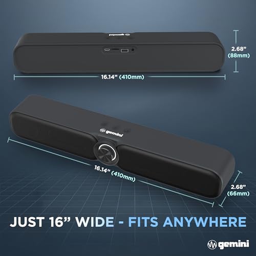 Gemini Portable Bluetooth Soundbar for TV, Desk & Gaming (GSBR-20) | 16" portable soundbar for TV, desk & gaming - USB-C or battery - dual 2" drivers - FM, 5-in-1 media