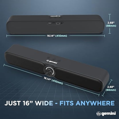 Gemini Portable Bluetooth Soundbar for TV, Desk & Gaming (GSBR-20) | 16" portable soundbar for TV, desk & gaming - USB-C or battery - dual 2" drivers - FM, 5-in-1 media