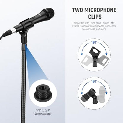 NEEWER Microphone Stand with Flexible Arm, Boom Arm Mic Floor Tripod Mount Holder with Mic Clips, 3/8" to 5/8" Adapter, Cable Clips for Singing Vlogging Live Streaming Video Recording, MS010 - style: MS010
