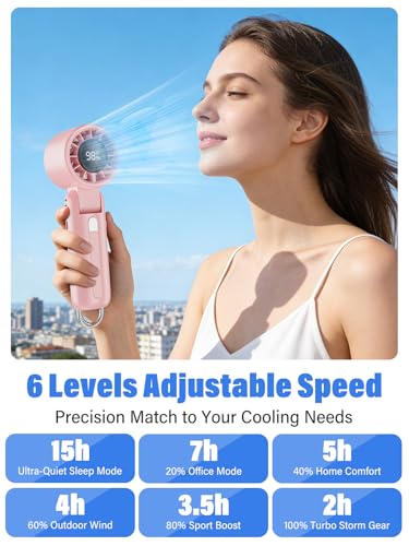 AI Handheld Fan Turbo, 100-Speed Portable Fan Rechargeable, Mini Fan with 12800 RPM Strong Airflow, Foldable 4-in-1 Personal Fan for Travel, Camping, Beach & Office, USB-C & Lightweight & Quiet - color: Pink