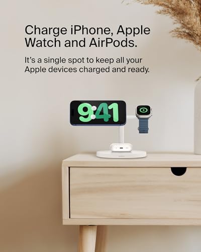 Belkin Qi2 15W Wireless Charging Station, 3 in 1 iPhone Charger | Fast Charging, MagSafe Compatible, iPhone 17/16/15, Apple Watch, AirPods, Travel Charger, Magnetic - color: White, style: Matte Finish